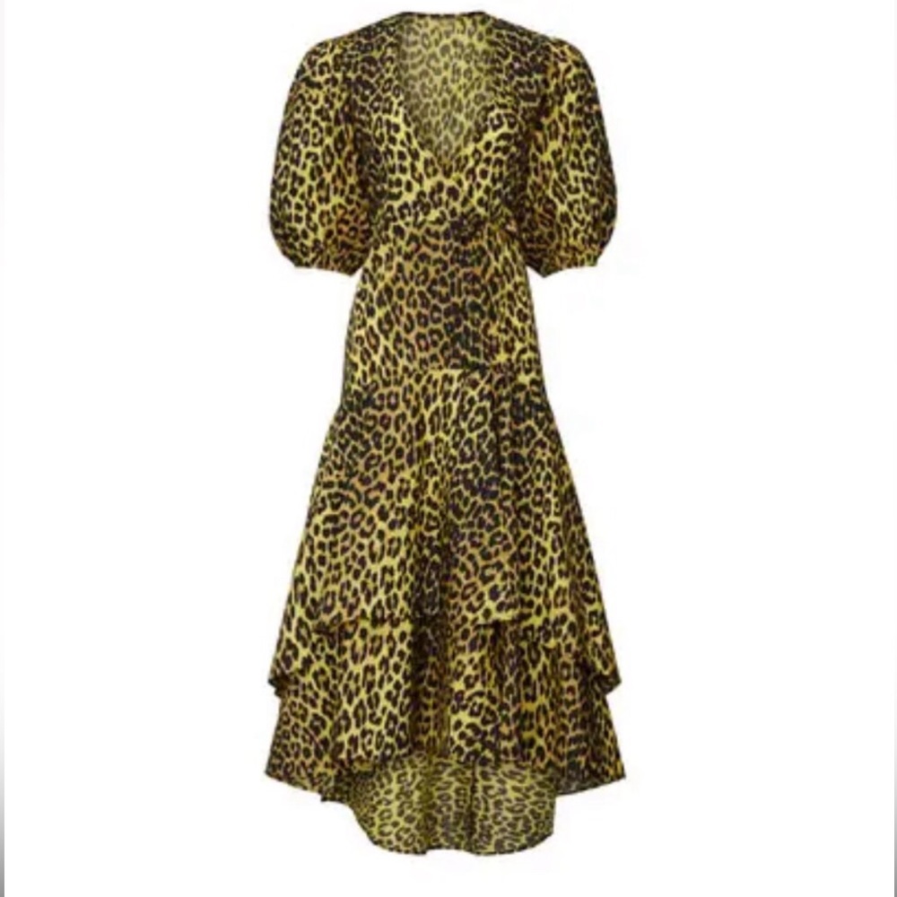 GANNI Yellow Gold Cheetah Midi Wrap Dress US 6 (sz 38) Animal Print Puffy Sleeve